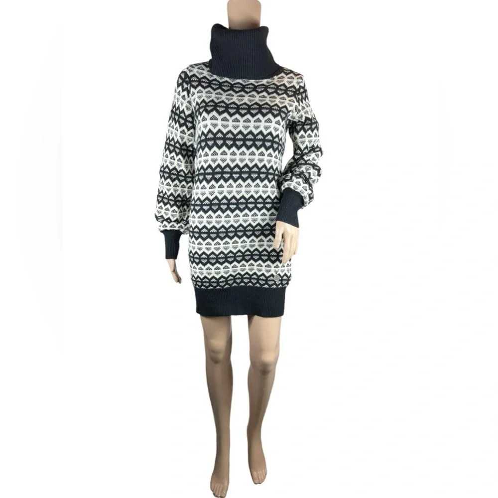 See by Chloe Womens Geometric Print Turtleneck Sweater Mini Dress Wool Size 4 - Picture 2 of 13